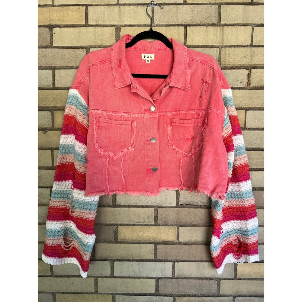 POL Pink Distressed Cropped Denim Jacket Boho Striped Knit Wide Sleeves Sz Small